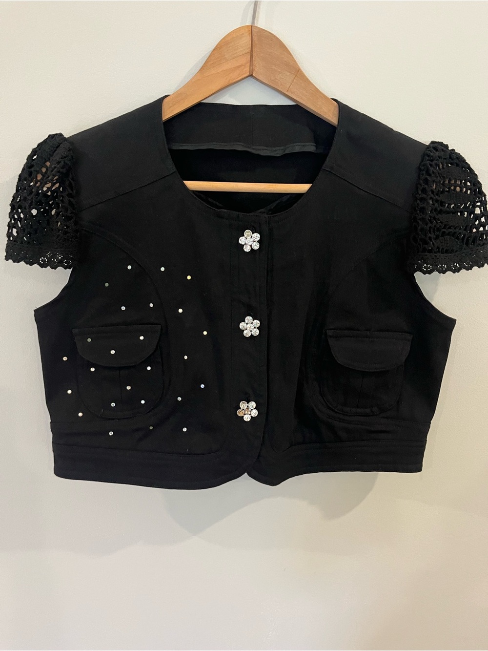 Vintage Made in France Cropped Jacket | Crochet Bolero | Rhinestones | Y2K
